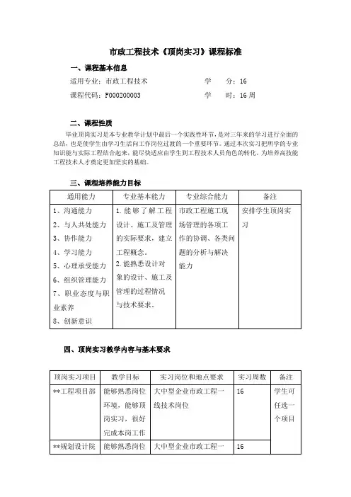 市政工程技术专业顶岗位实习课程标准