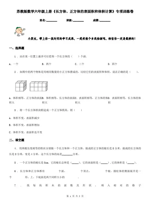 苏教版数学六年级上册《长方体、正方体的表面积和体积计算》专项训练卷