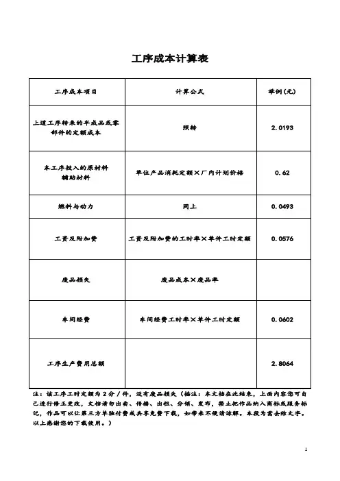 工序成本计算表