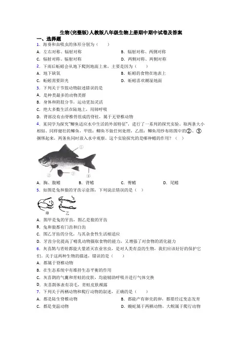 生物(完整版)人教版八年级生物上册期中期中试卷及答案
