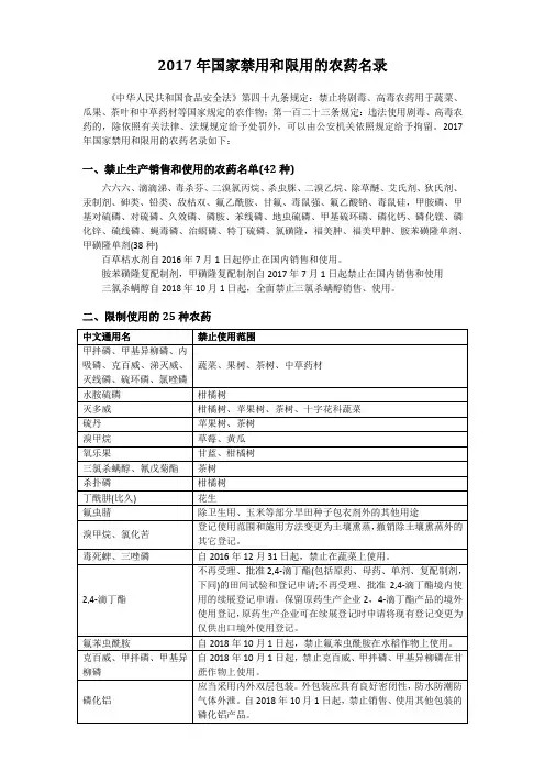 2017年国家禁用和限用的农药名录