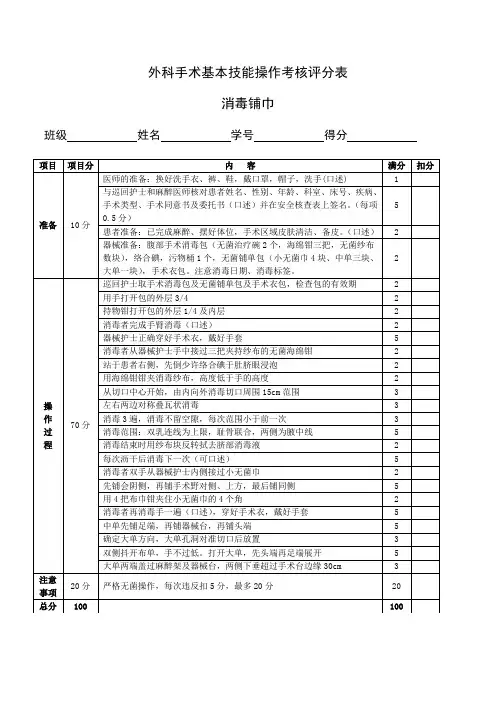 外科操作考试评分细则--消毒铺巾  