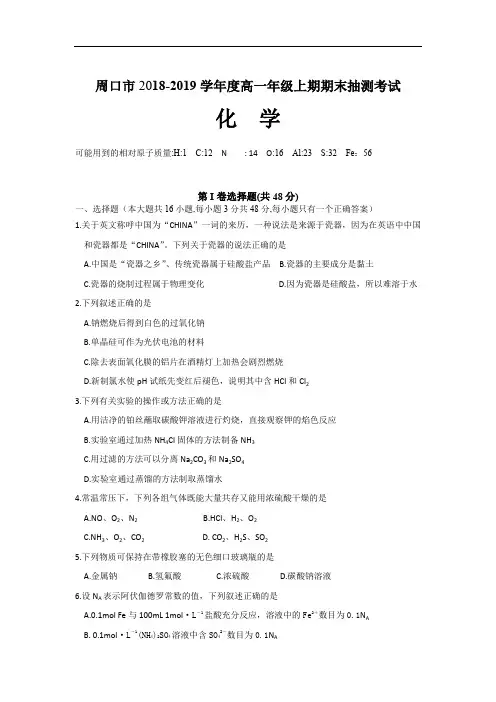 河南省周口市2018-2019学年高一上学期期末抽测考试化学试题 (含答案)