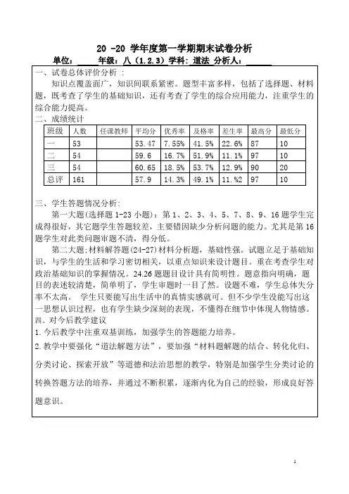 八年级上册道法期末考试试卷分析