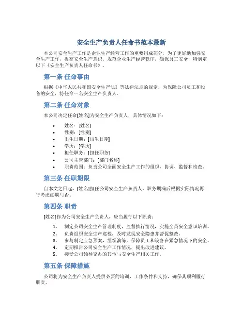 安全生产负责人任命书范本最新