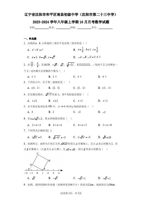 辽宁省沈阳市和平区南昌初级中学(沈阳市第二十三中学)2023-2024学年八年级上学期10月月考数学