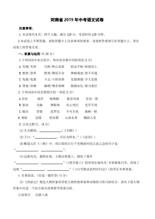 D-河南省2019年中考语文试卷(有答案)