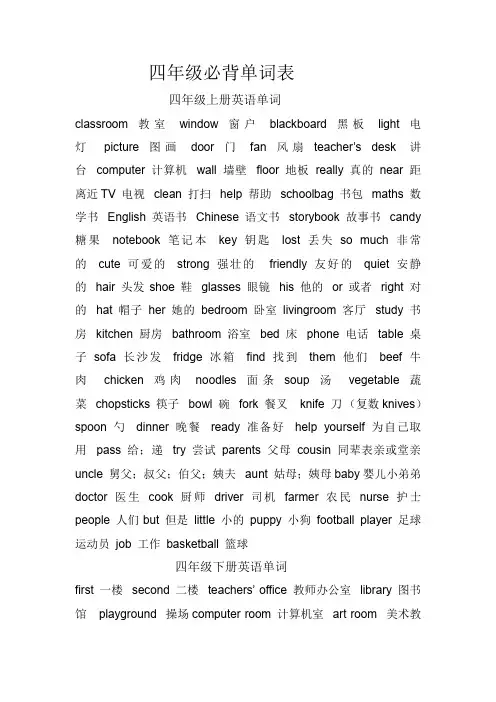 人教版四年级英语必背单词表