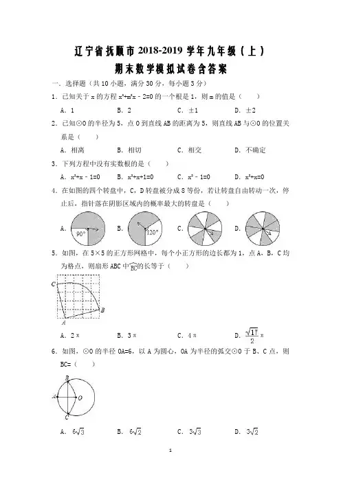 辽宁省抚顺市2018-2019学年九年级(上)期末数学模拟试卷含答案