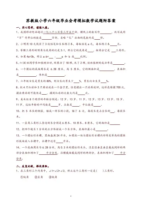 苏教版小学六年级毕业会考模拟数学试题附答案