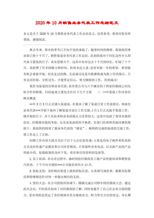 2020年10月销售业务代表工作总结范文