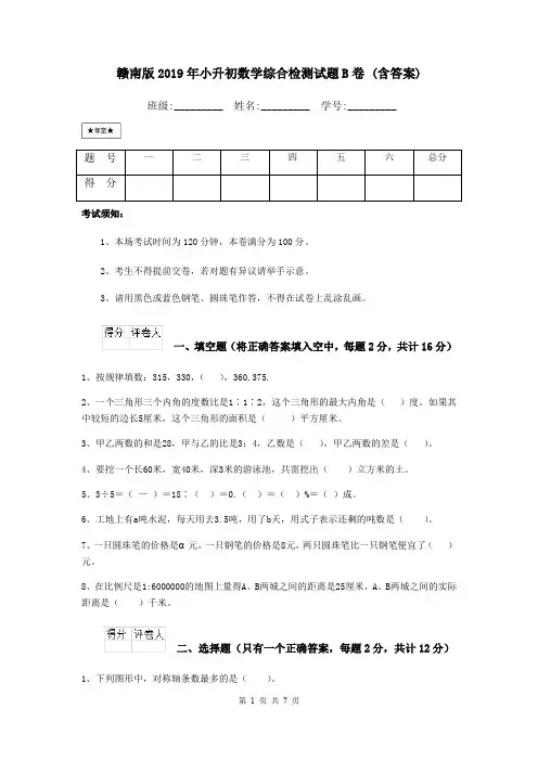 赣南版2019年小升初数学综合检测试题B卷 (含答案)