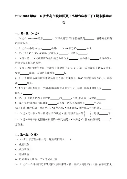 2018~2019学年山东省青岛市城阳区夏庄小学六年级(下)期末数学试卷