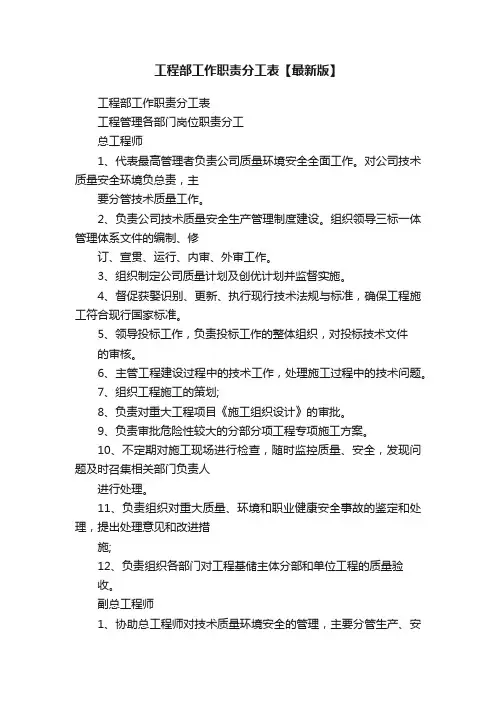 工程部工作职责分工表【最新版】
