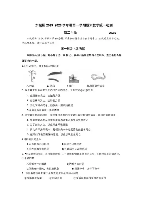 (生物)北京市东城区2019-2020学年八年级上学期期末考试生物试题