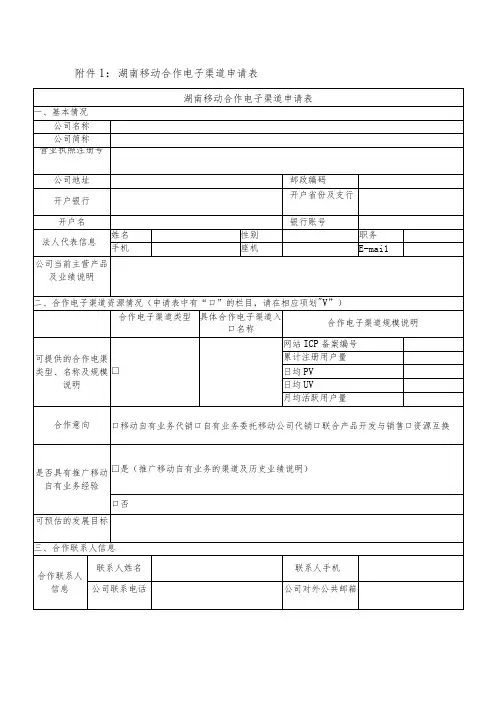 湖南移动合作电子渠道申请表