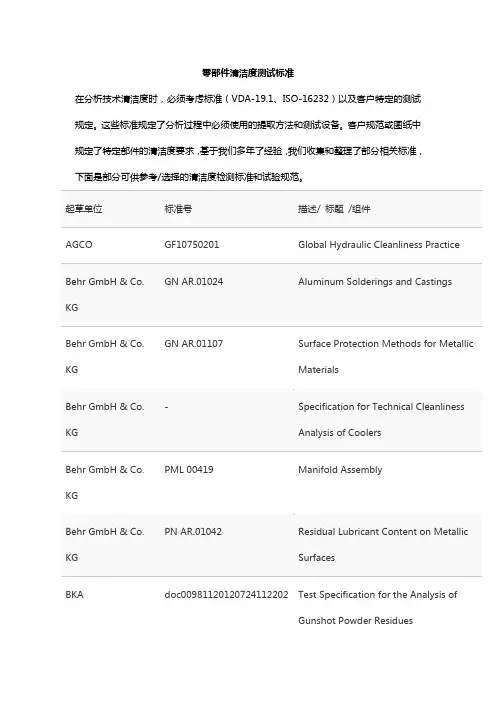 零部件清洁度测试标准
