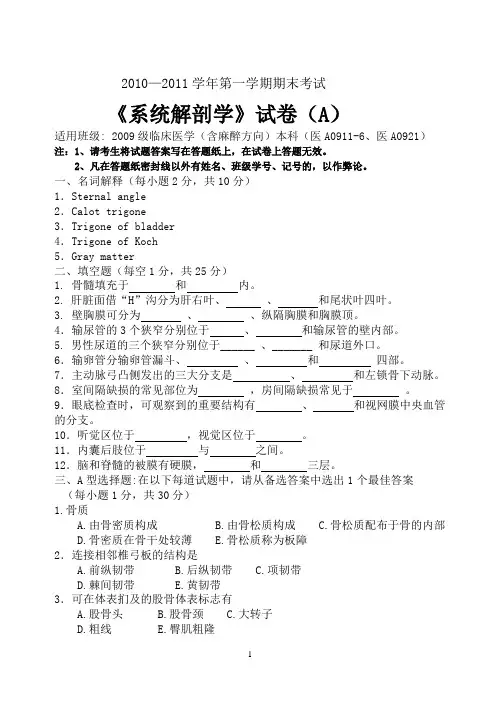 系统解刨试卷