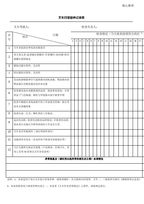叉车日常保养记录表格模板