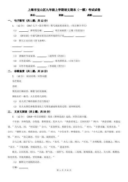 上海市宝山区九年级上学期语文期末(一模)考试试卷