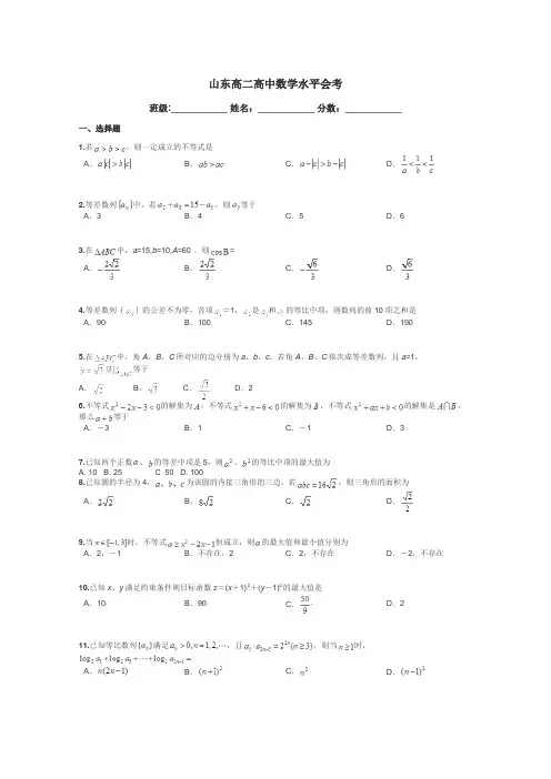 山东高二高中数学水平会考带答案解析

