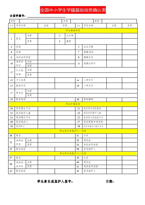 全国中小学生学籍基础信息确认表模板