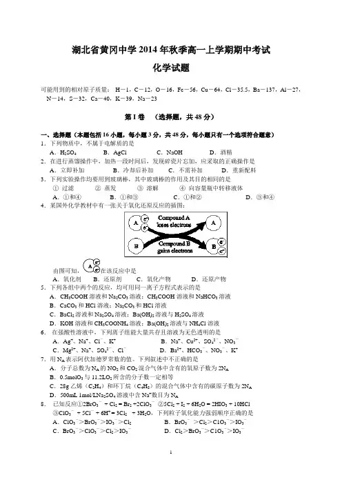 湖北省黄冈中学2014-2015学年上学期高一化学试题