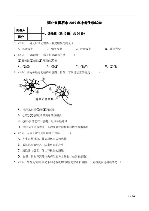 湖北省黄石市2019年中考生物试卷