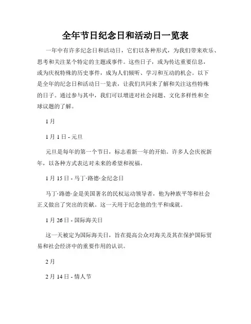 全年节日纪念日和活动日一览表