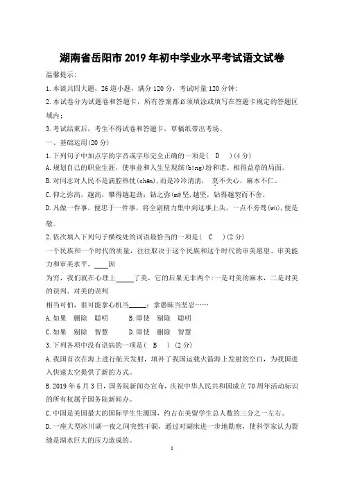 2019年湖南省岳阳市中考语文试题含答案
