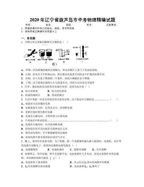 2020年辽宁省葫芦岛市中考物理精编试题附解析