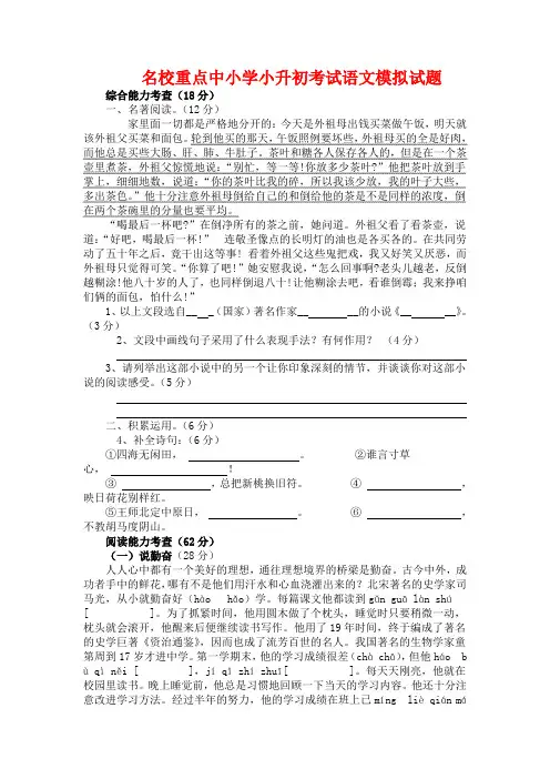 2019年沈阳市小升初语文模拟试题(共5套)详细答案3