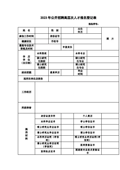 公开招聘高层次人才报名登记表 (2)