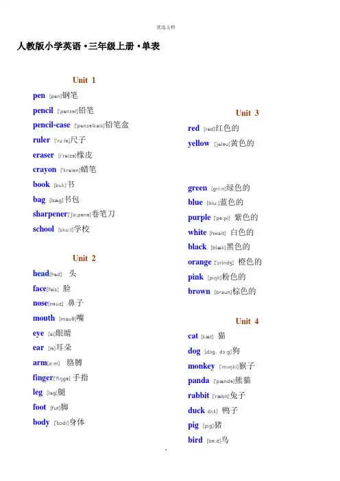 人教版PEP小学英语三年级·单词表