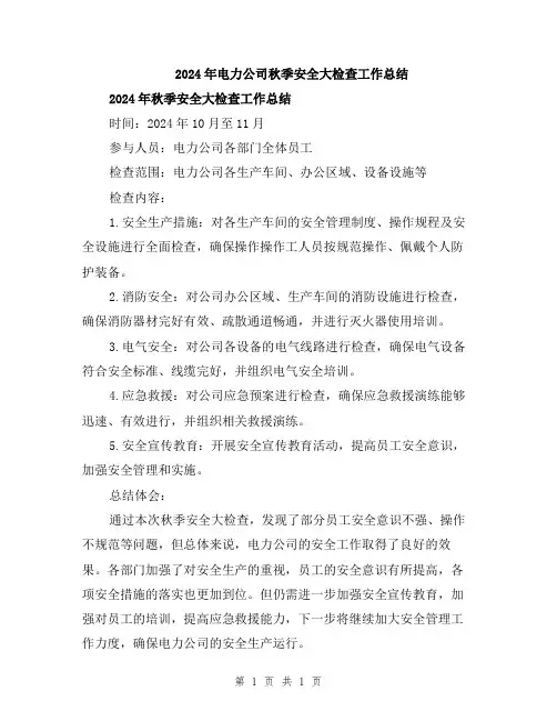 2024年电力公司秋季安全大检查工作总结