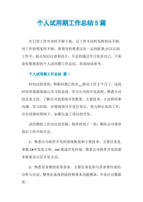 个人试用期工作总结5篇