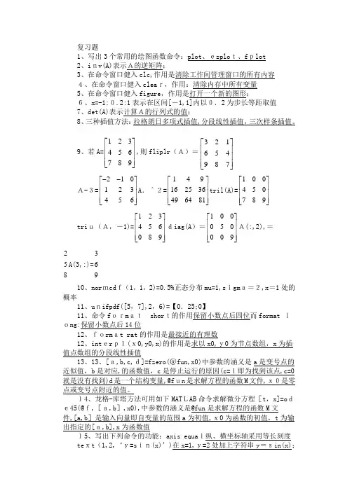 matlab数学实验复习题(有标准答案)