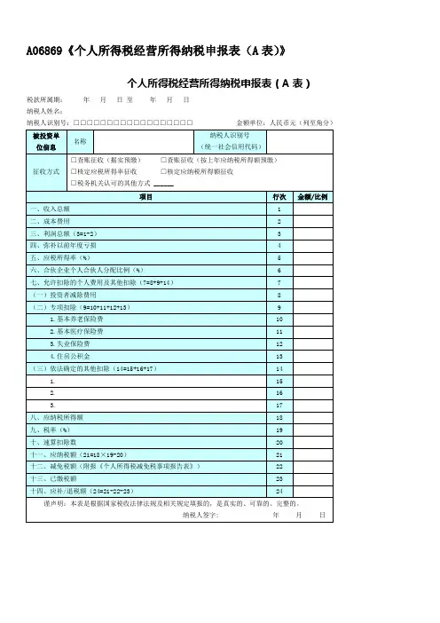 A06869《个人所得税经营所得纳税申报表(A表)》