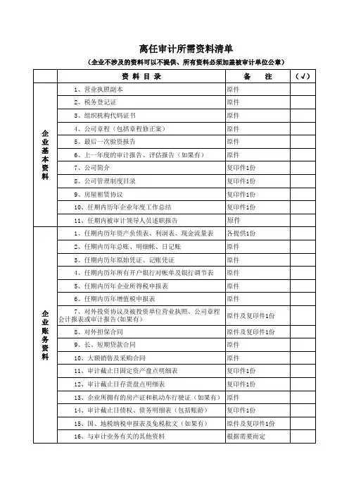离任审计所需资料清单表格