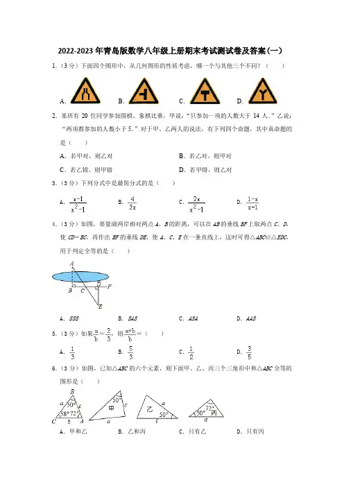 2022-2023年青岛版初中数学(初二)八年级上册期末考试综合检测试卷及答案(共三套)