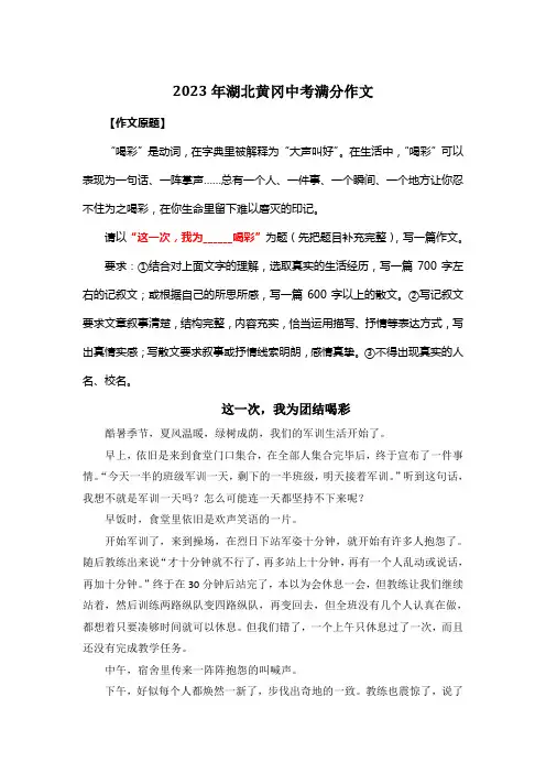 2023年湖北黄冈中考满分作文《这一次,我为团结喝彩》