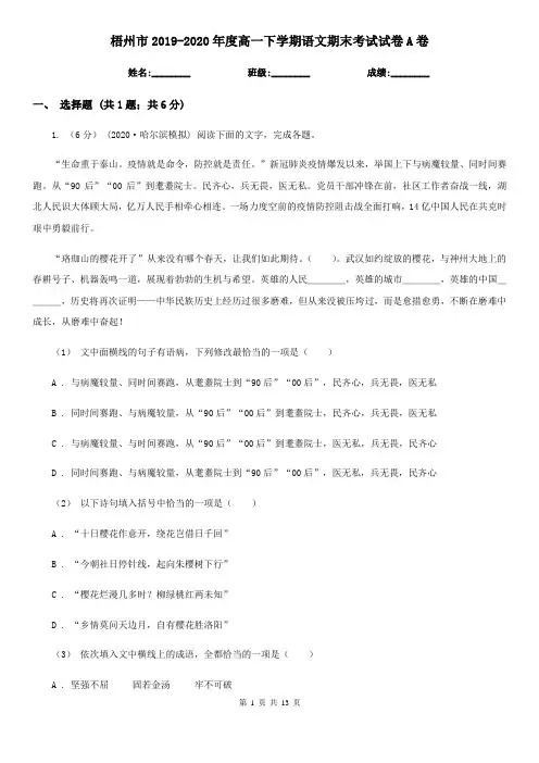 梧州市2019-2020年度高一下学期语文期末考试试卷A卷