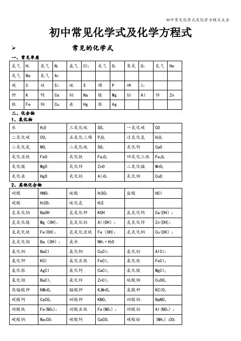初中常见化学式及化学方程式大全