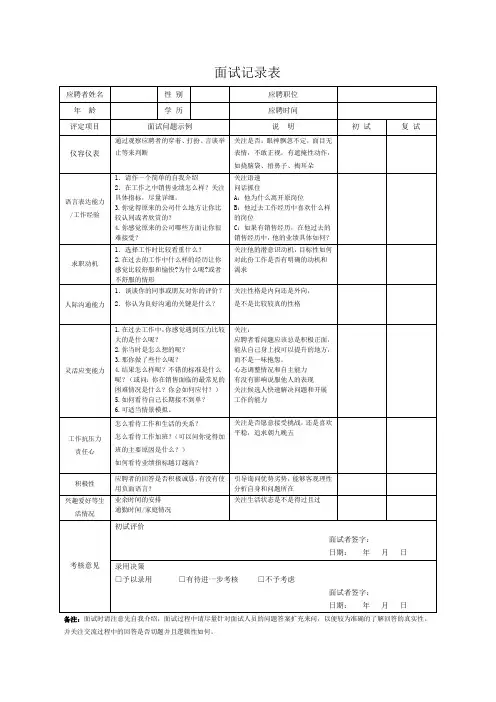 面试记录表(最新)