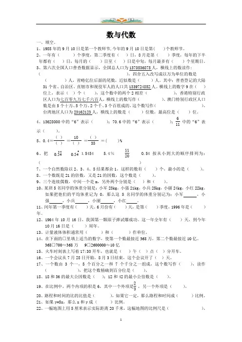 北师大版数学六年级下册总复习专题：数与代数 含答案.doc