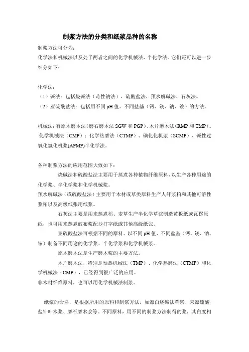 制浆方法的分类和纸浆品种的名称