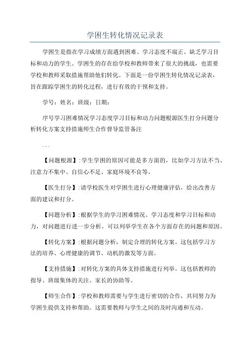 学困生转化情况记录表