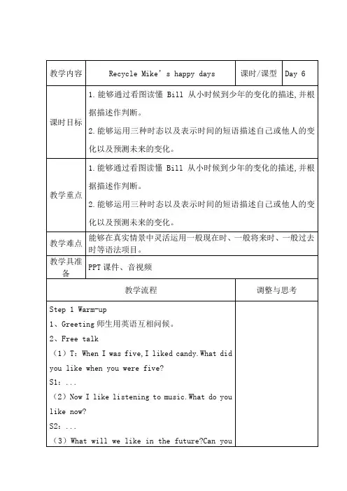 人教版六年级英语下册Recycle Day 6 教案及课堂练习