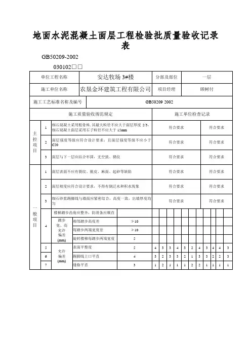 地面水泥混凝土面层工程检验批质量验收记录表