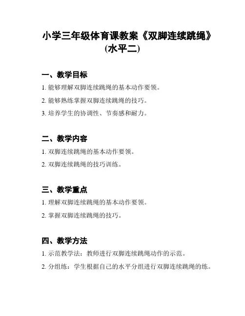 小学三年级体育课教案《双脚连续跳绳》(水平二)